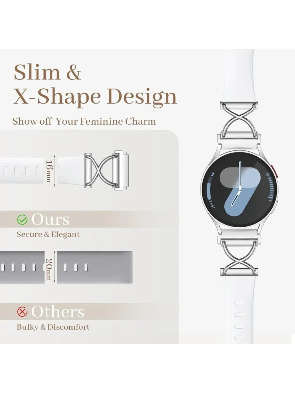 Women's White Skinny Charms X-Shaped Soft Slim Silicone Bands Compatible Watch